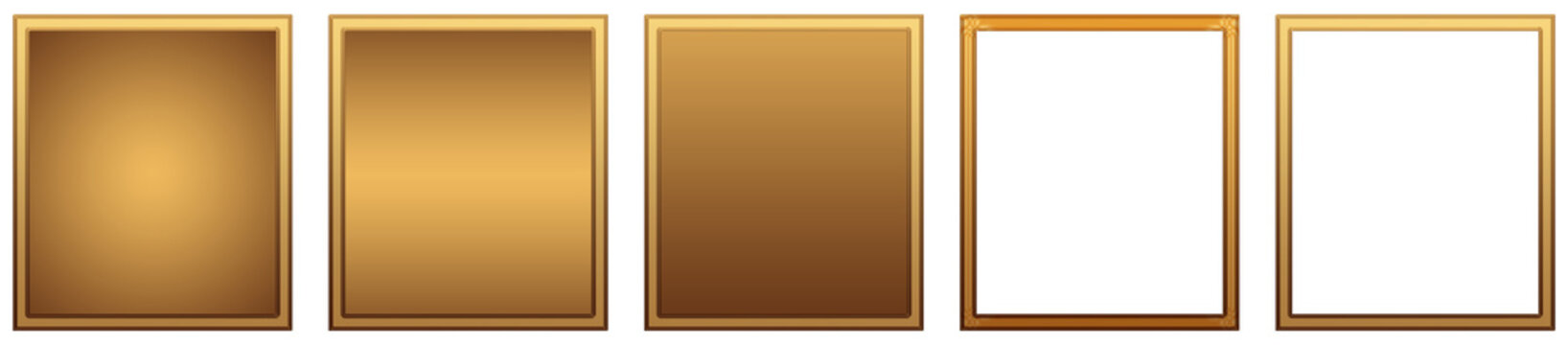 Gold rectangular frame set on transparent background, simple glowing metallic plaque border collection, blank realistic 3D template for photo, banner, signboard design.
