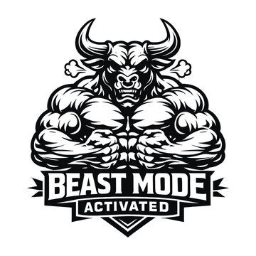 Muscular bull minotaur character with beast mode activated text, fitness gym mascot