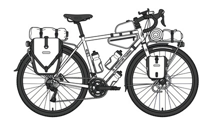 Bicycle Tourer with Panniers, Water Bottles, and Rolled Mat - Line Art © nia
