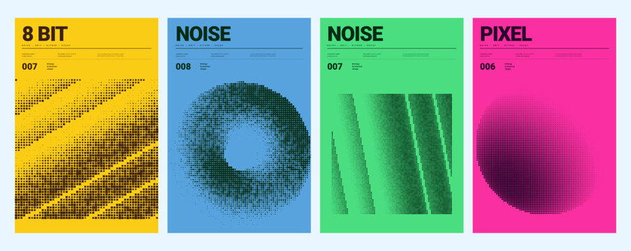 Abstract colorful retro 8 bit pixel noise poster template set, minimal geometric halftone vector covers