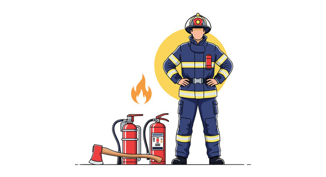 Brave firefighter in full protective gear standing next to fire extinguishers and an axe ready for emergency duty.