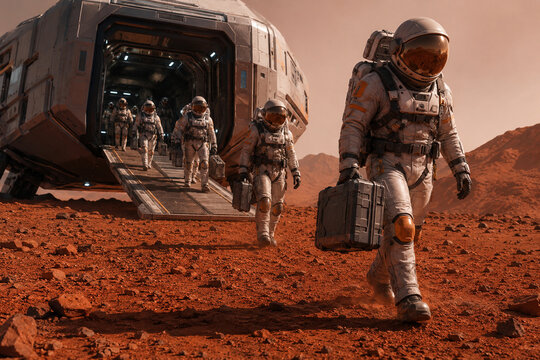 New Mars settlers step from a landed transport onto red Martian soil, carrying supplies during the first arrival moment.