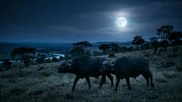 buffalos close up under moonlight blue light africa savanna video