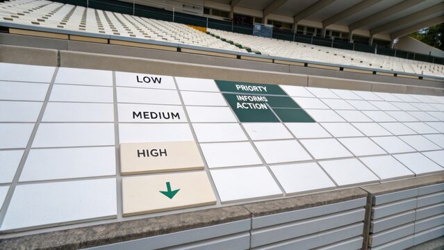 Empty seating area in sports stadium with priority information display and action indicators for low, medium, and high levels