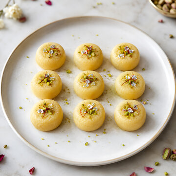 Peda sweets arranged geometrically