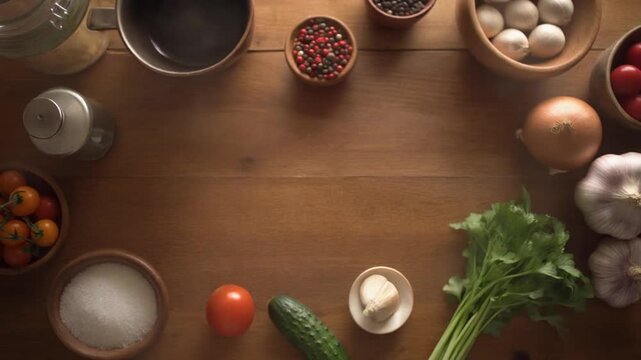 Overhead view of a rustic wooden table filled with fresh ingredients for cooking, including vegetables, spices, and herbs.
