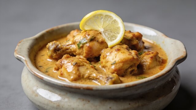 Homemade Pakistani chicken handi with boneless chicken pieces and citrus garnish.