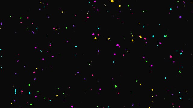 Confetti paper pieces tumbling and rotating in slow motion with vibrant colors for celebratory events on black backdrop