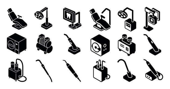Dental clinic icons with chair lamp isometric