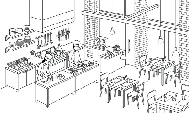 Restaurant interior with open kitchen and chefs cooking food, dining area with tables and chairs, black and white line art vector illustration