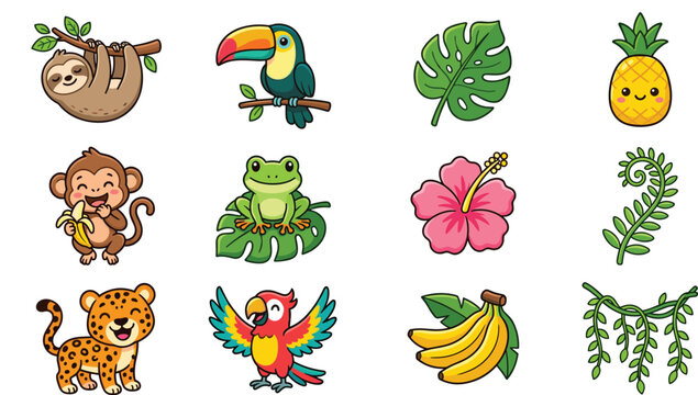 Tropical Jungle Animals and Plants Vector Sticker Set Featuring Cute Sloth Monkey Leopard Toucan Parrot Frog Hibiscus Monstera Palm Leaf and Fruit Icons for Kids Graphic Designs