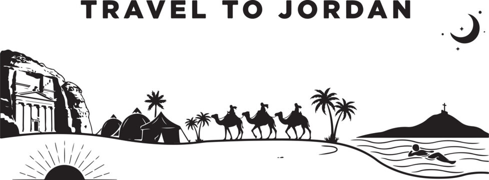 Travel To Jordan vector illustration. Vector Black silhouettes illustration