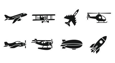 Aircraft Icons Collection Black Silhouette Style On White Background © TaskinRahman