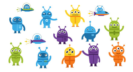 Cute Alien and Spaceship Character Vector Set © Benu