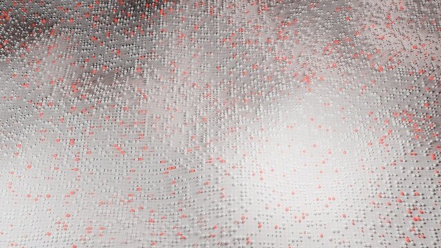 Abstract 3D medical neural network grid background. Glowing red and white spherical cellular data nodes on a digital wireframe matrix wave representing science, pathology, and network virus.