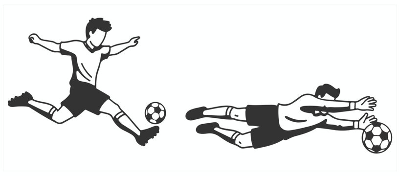 Soccer player action poses featuring kicker striking ball and goalkeeper diving save hand drawn vector illustration art design set for football game match sport athlete movement dynamic kick shot
