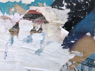 Fototapeta premium Worn street poster collage with weathered ripped paper layers and grunge textures
