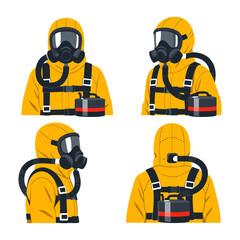 Fototapeta premium Chemical protective suit with integrated gas mask and breathing apparatus, showing different views for hazardous material safety
