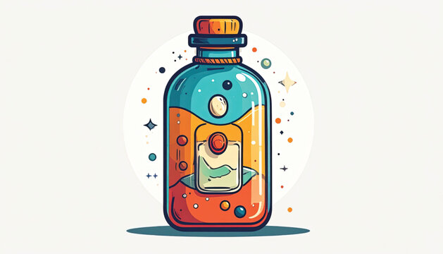 Colorful cartoon medicine bottle graphic.