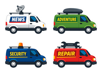 Fototapeta premium Service vans representing news, adventure, security, and repair. Modern flat vector illustrations for transport and professional work