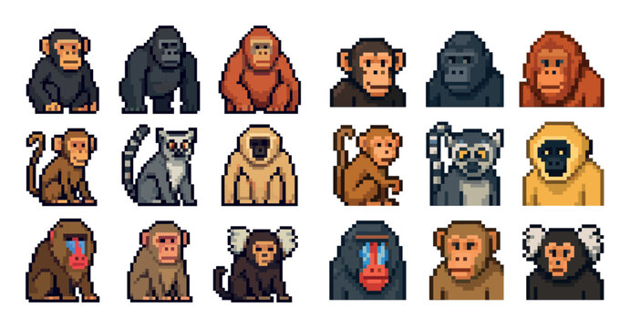 Wildlife icons with monkey gorilla lemur pixel