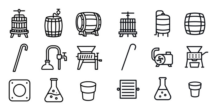 Winemaking icons with press barrel and flask outline