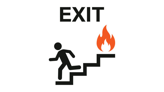 A bold vector illustration showing a person running down stairs away from a bright flame