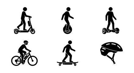 Personal Electric Mobility Icons: Scooter, Unicycle, Hoverboard, Bicycle, Skateboard, Helmet Set © Joya