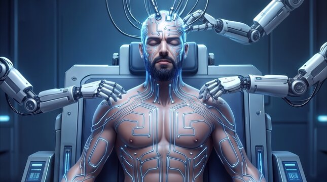 Augmented man with glowing circuitry on skin undergoing neural interface connection. Robotic hands adjusting sensors on a patient in a futuristic medical facility.