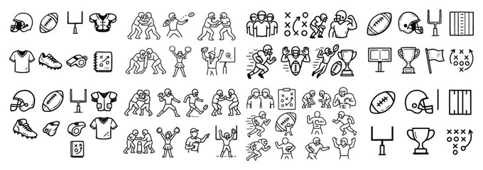Obraz premium Football icons with helmet trophy goalpost outline
