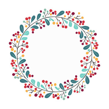 Flat design berry and leaf wreath on white background