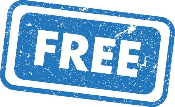 Distressed blue 'free' stamp graphic promotional offer discount or complimentary service indication