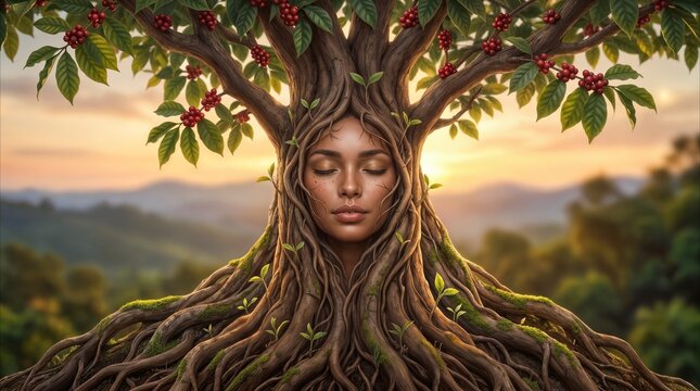 Coffee tree personification featuring a woman's face merged with the trunk. Surreal nature concept in a mountainous landscape during golden hour.