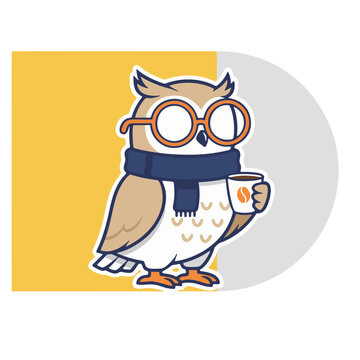 Smart owl with scarf and glasses flat vector illustration