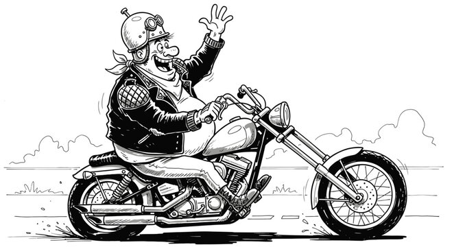 Cartoon Biker Character Riding a Cruiser Motorcycle