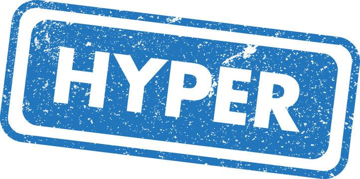Distressed blue rubber stamp with the word 'hyper' isolated on white background