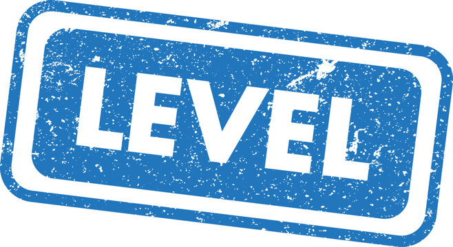 Distressed blue stamp with 'level' text achievement progress and gaming concepts