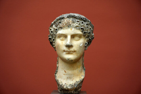 COPENHAGEN, DENMARK - AUGUST 30 2025 - Glyptothek museum old ancient roman marble sculpture of Agrippina the Younger Wife of Claudius