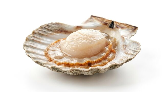 A single, fresh scallop rests inside its open shell on a white surface.