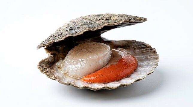 A large seashell is open, revealing a single, fresh scallop.
