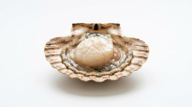 A single, fresh scallop rests inside its open shell on a white surface.