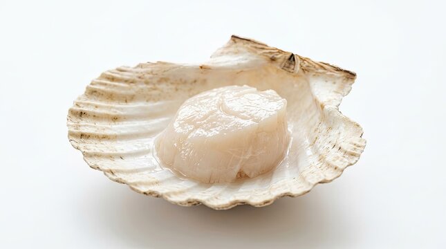 A single scallop sits nestled within an open oyster shell.