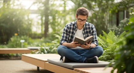Fototapeta premium Young Man Sitting Cross-legged on a Wooden Bench Reading a Book in a Peaceful Green Garden Park