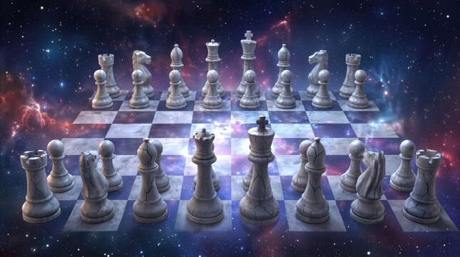 Chess board with stone pieces floating in deep space. Strategic game concept featuring cracked marble figures against a backdrop of colorful nebulae and stars.