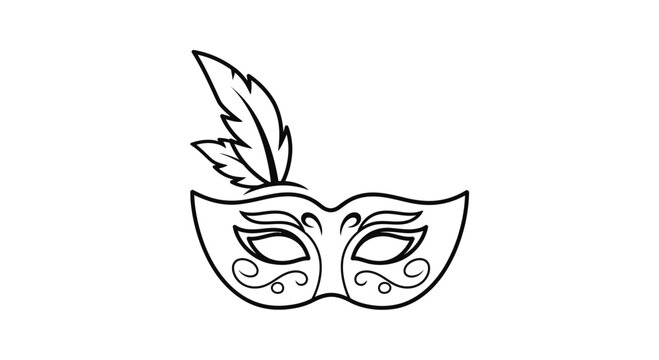 Elegant Masquerade Mask with Feather Decorative Line Art