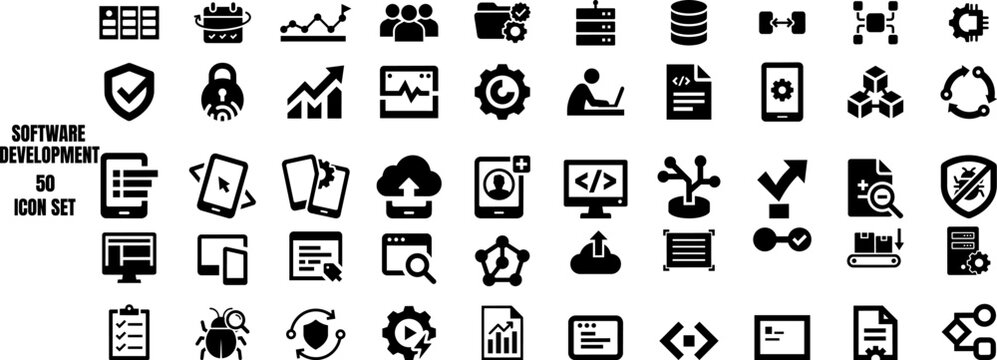 Software development and coding icons set for technology and business applications and app and bug report