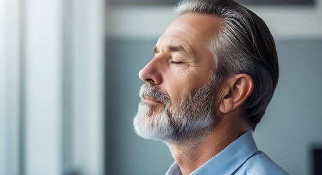 Mature Professional Man Taking a Deep Breath for Mindfulness and Mental Clarity in Office