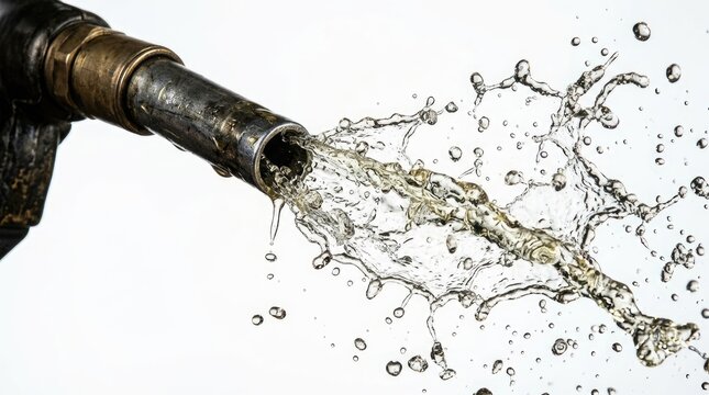 A dark metal fire hose sprays a stream of water with numerous droplets.