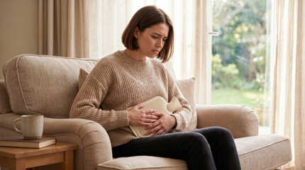 Obraz premium Woman with abdominal pain holding hot water bottle on sofa at home, menstrual cramps, stomach discomfort and self care relief.