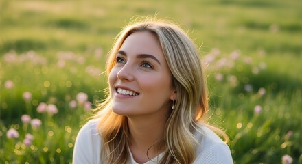 Naklejka premium Young Woman Enjoying the Gentle Warmth of Golden Hour Sunlight in a Lush Green Meadow Landscape